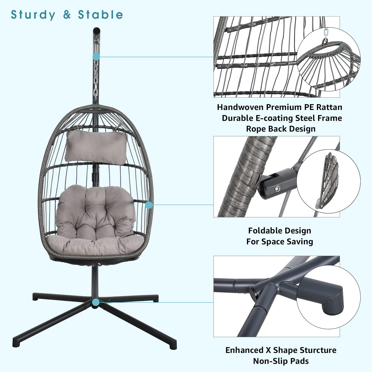 Indoor Outdoor Egg Swing Chair with Stand, Patio Wicker Rattan Hanging Chair with Rope Back, Cushion,Cover,All Weather Foldable Hammock Chair for Bedroom, Garden