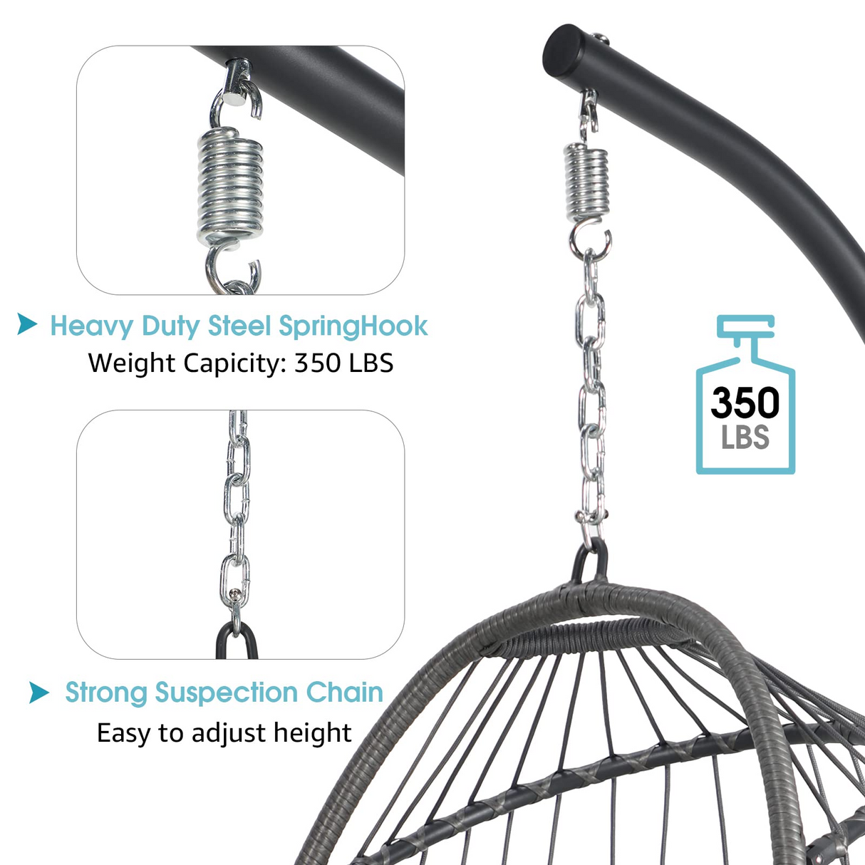 Indoor Outdoor Egg Swing Chair with Stand, Patio Wicker Rattan Hanging Chair with Rope Back, Cushion,Cover,All Weather Foldable Hammock Chair for Bedroom, Garden