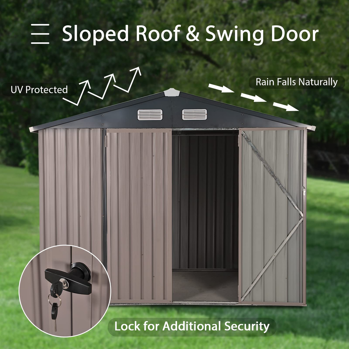 Outdoor Storage Shed, Galvanized Metal Garden Shed W/Lockable Door, Small Waterproof Storage Shed, Taupe