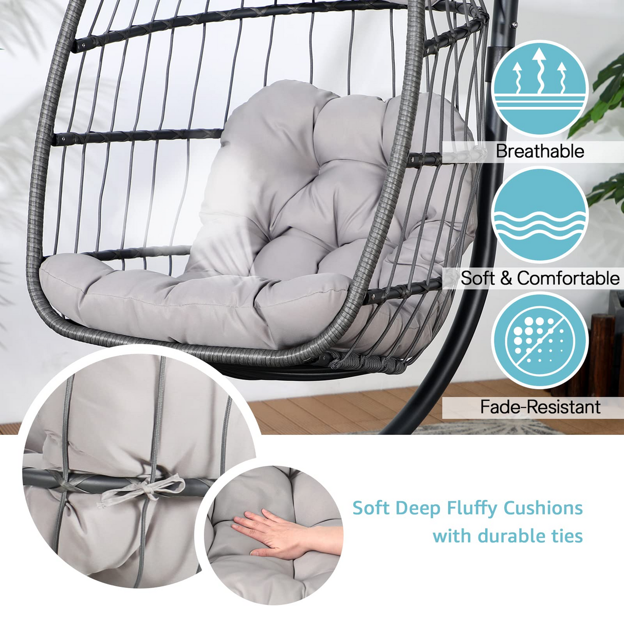 Indoor Outdoor Egg Swing Chair with Stand, Patio Wicker Rattan Hanging Chair with Rope Back, Cushion,Cover,All Weather Foldable Hammock Chair for Bedroom, Garden