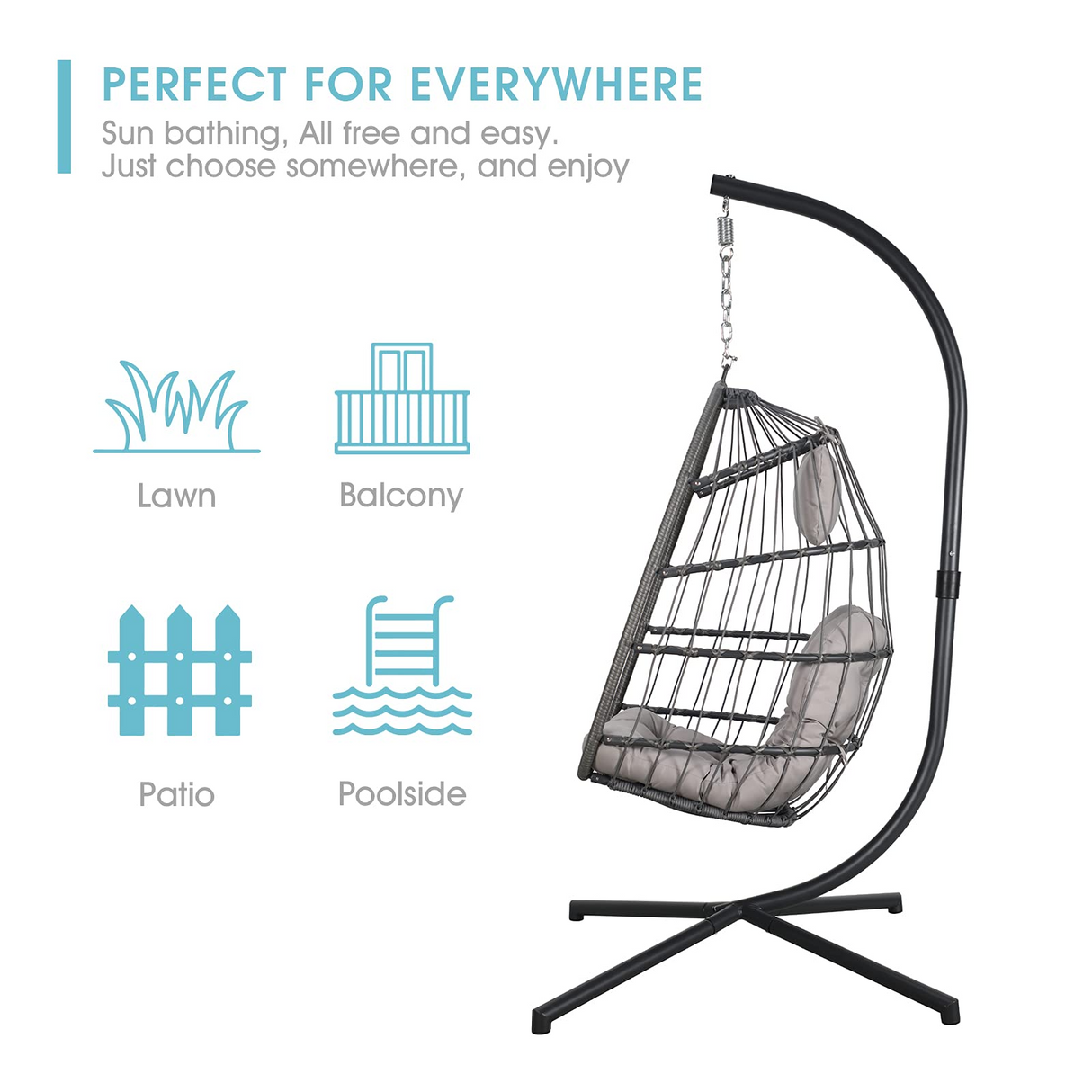 Indoor Outdoor Egg Swing Chair with Stand, Patio Wicker Rattan Hanging Chair with Rope Back, Cushion,Cover,All Weather Foldable Hammock Chair for Bedroom, Garden