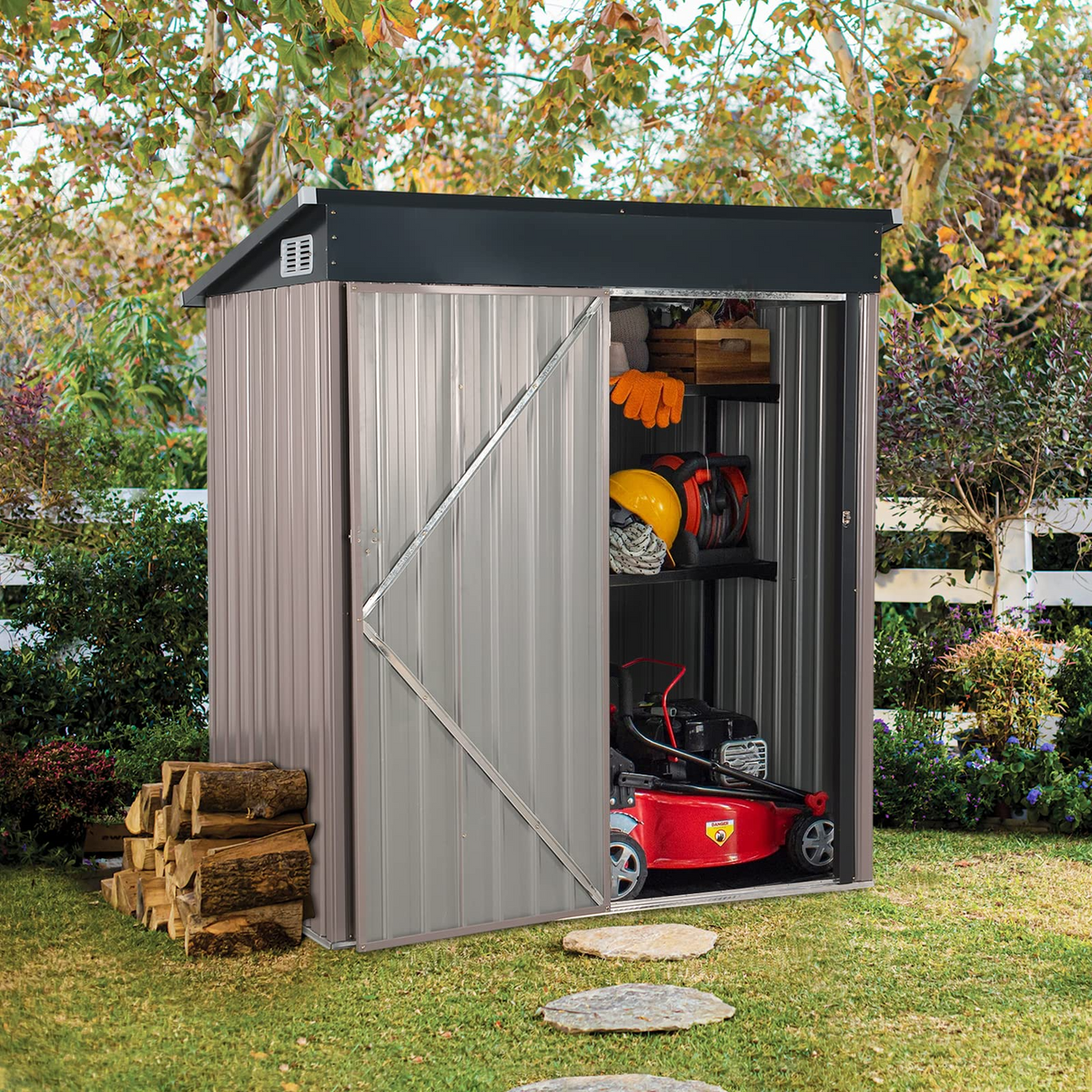 Outdoor Storage Shed, Galvanized Metal Garden Shed W/Lockable Door, Small Waterproof Storage Shed, Taupe