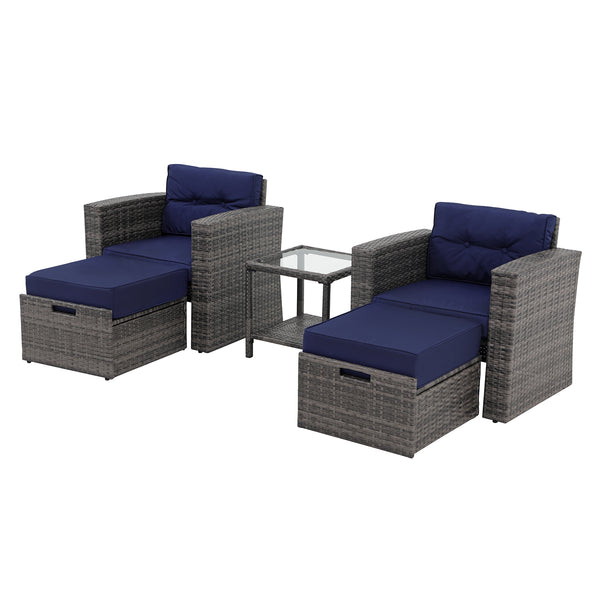 JOIVI 5 Pieces Patio Furniture Set, Outdoor PE Rattan Wicker Patio Conversation Set, Lounge Chairs with Cushioned Ottoman and Tempered Glass Side Table, Navy Blue