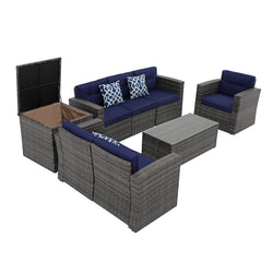 JOIVI Outdoor Furniture Set, 8 Piece Patio Wicker Sectional Patio Furniture with Storage Box, Tempered Glass Coffee Table and Three Blue Pillows, Navy Blue