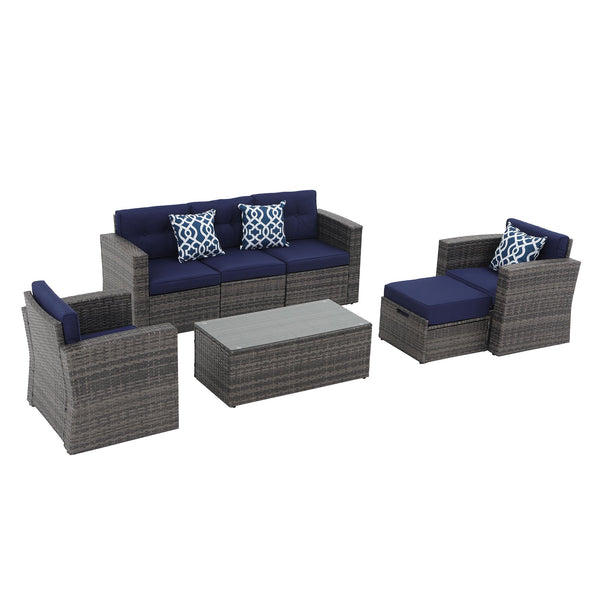 JOIVI 7 Pieces Patio Furniture Set, PE Wicker Outdoor Sectional Sofa with Ottoman, Tempered Glass Coffee Table, Blue