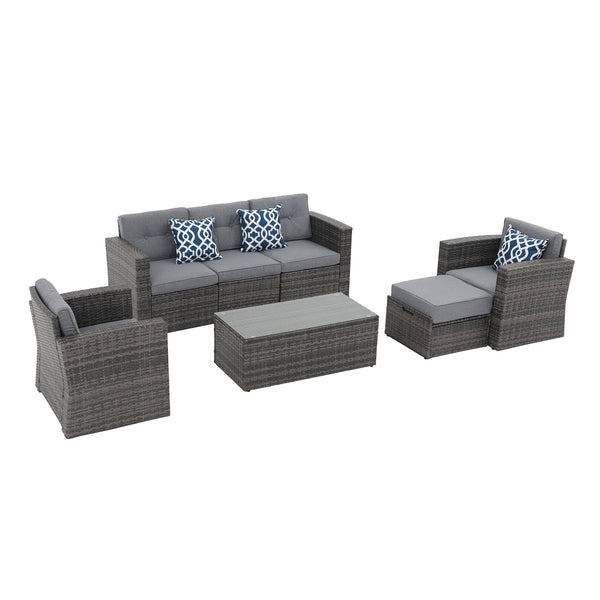JOIVI 7 Pieces Patio Furniture Set,PE Wicker Outdoor Sectional Sofa with Ottoman, Tempered Glass Coffee Table, Gray