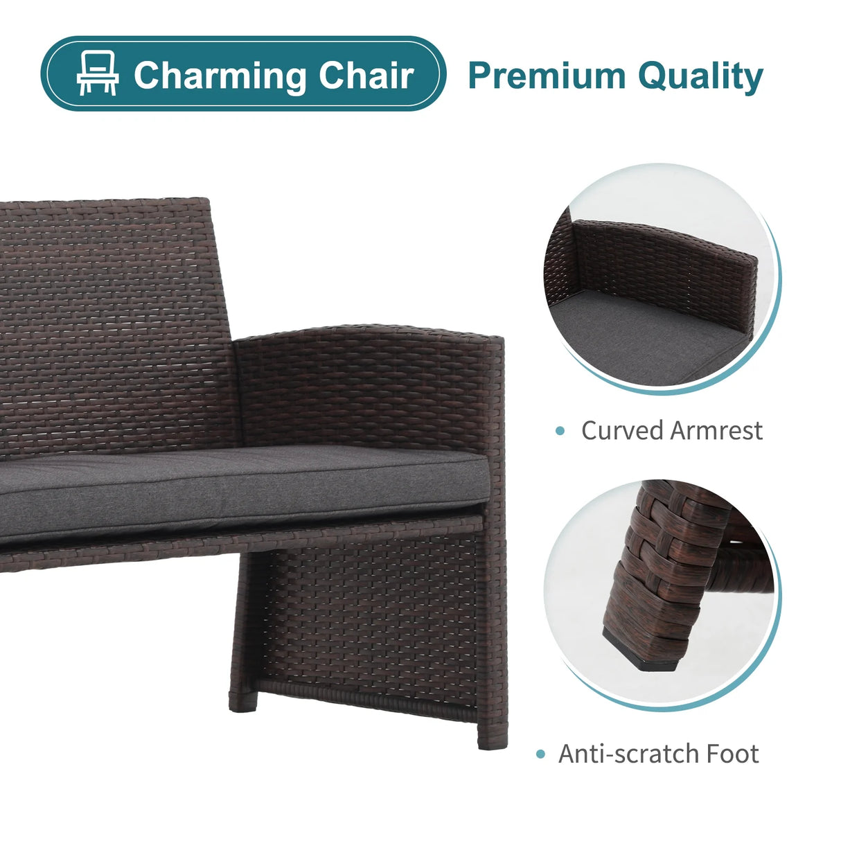 3 Piece Patio Furniture Set, Outdoor Loveseat Patio Furniture Rattan Set with Ottoman, Brown Rattan and Cushion