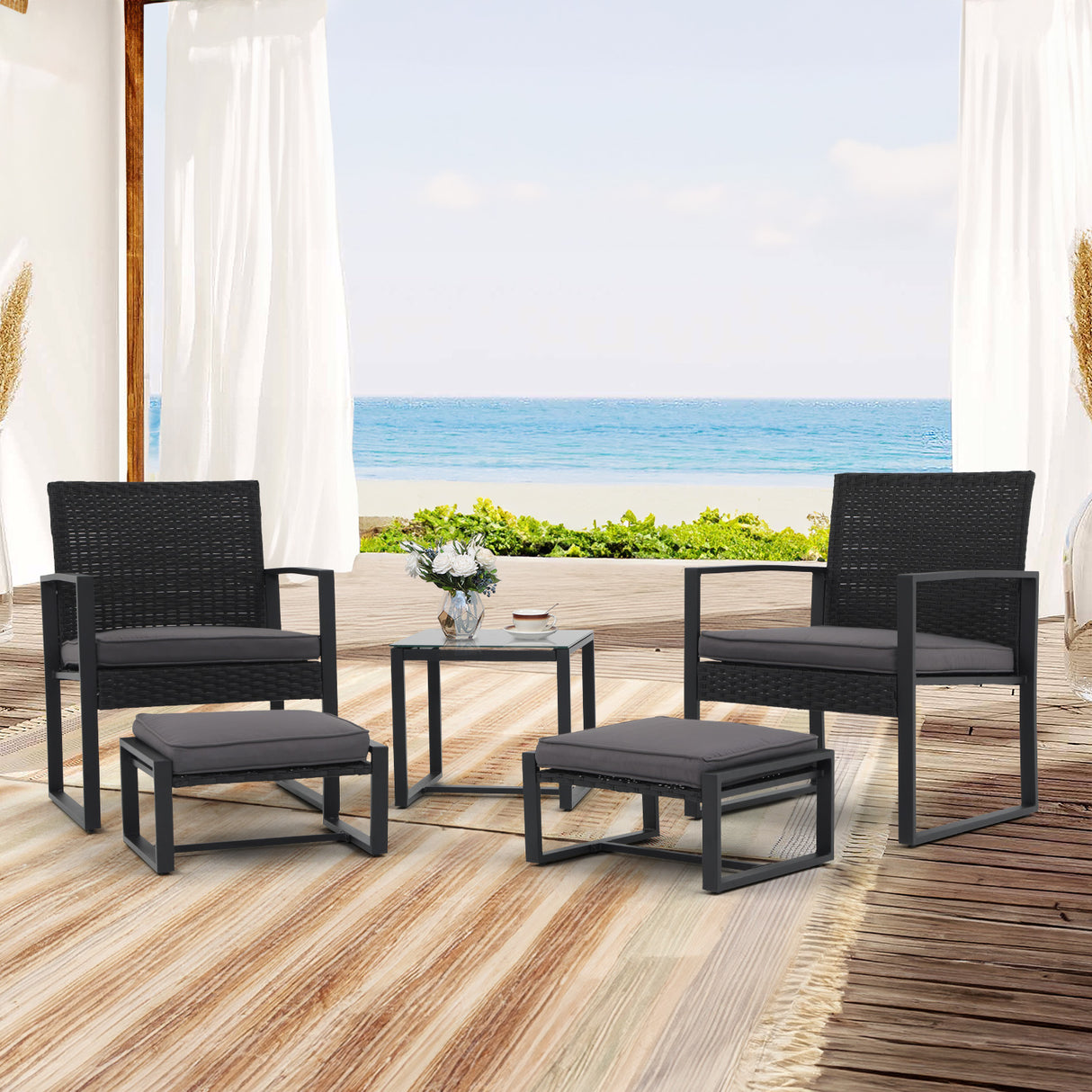 JOIVI 5 Piece Patio Bistro Set, Wicker Patio Furniture Set, Outdoor Conversation Set with Ottomans, Patio Chairs and Side Table Set with Foot Stool