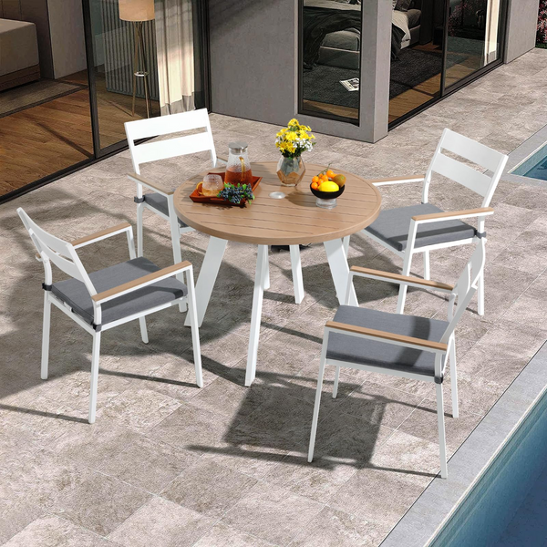 JOIVI Aluminum Patio Furniture Set, 5 Piece Outdoor Conversation Set with Wood Grain Top Dining Table, Stackable Chairs for 4 People, w/2.05” Umbrella Hole, for Deck, Backyard