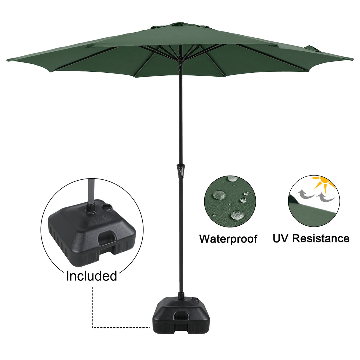11' Outdoor Patio Table Market Umbrella with Water or Sand Self-Filled Black Square Base Stand, 8 Steel Ribs and Crank
