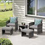 5 Piece Patio Furniture Set, Wicker Outdoor Patio Set with Ottoman and Small Coffee Table, Pillows Included