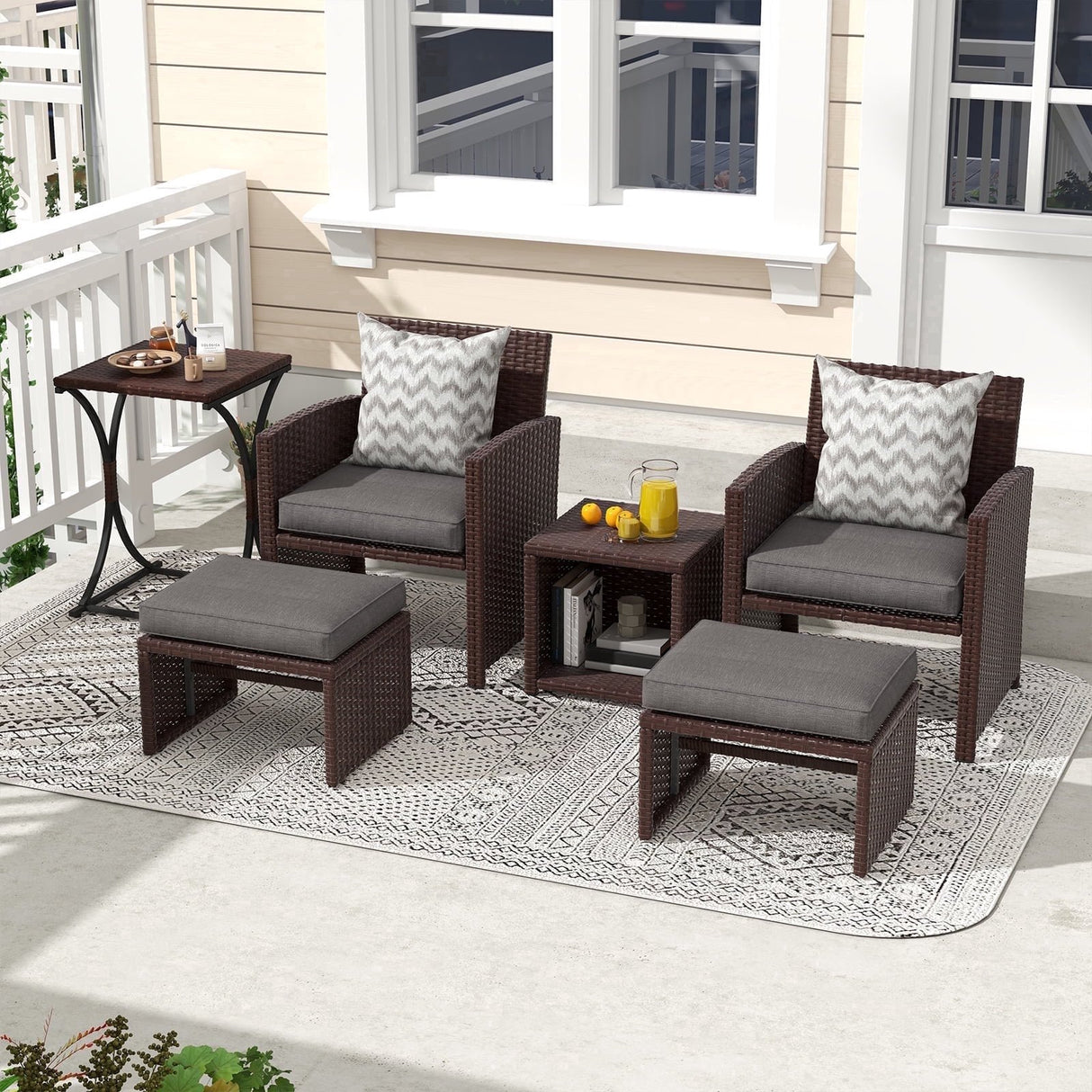 6 Piece Patio Wicker Furniture Set, Rattan Outdoor Chairs, with Cushioned Ottoman, Resin Nesting Table, Modern Design