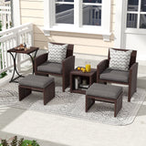 6 Piece Patio Wicker Furniture Set, Rattan Outdoor Chairs, with Cushioned Ottoman, Resin Nesting Table, Modern Design
