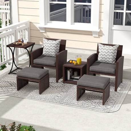 6 Piece Patio Wicker Furniture Set, Rattan Outdoor Chairs, with Cushioned Ottoman, Resin Nesting Table, Modern Design
