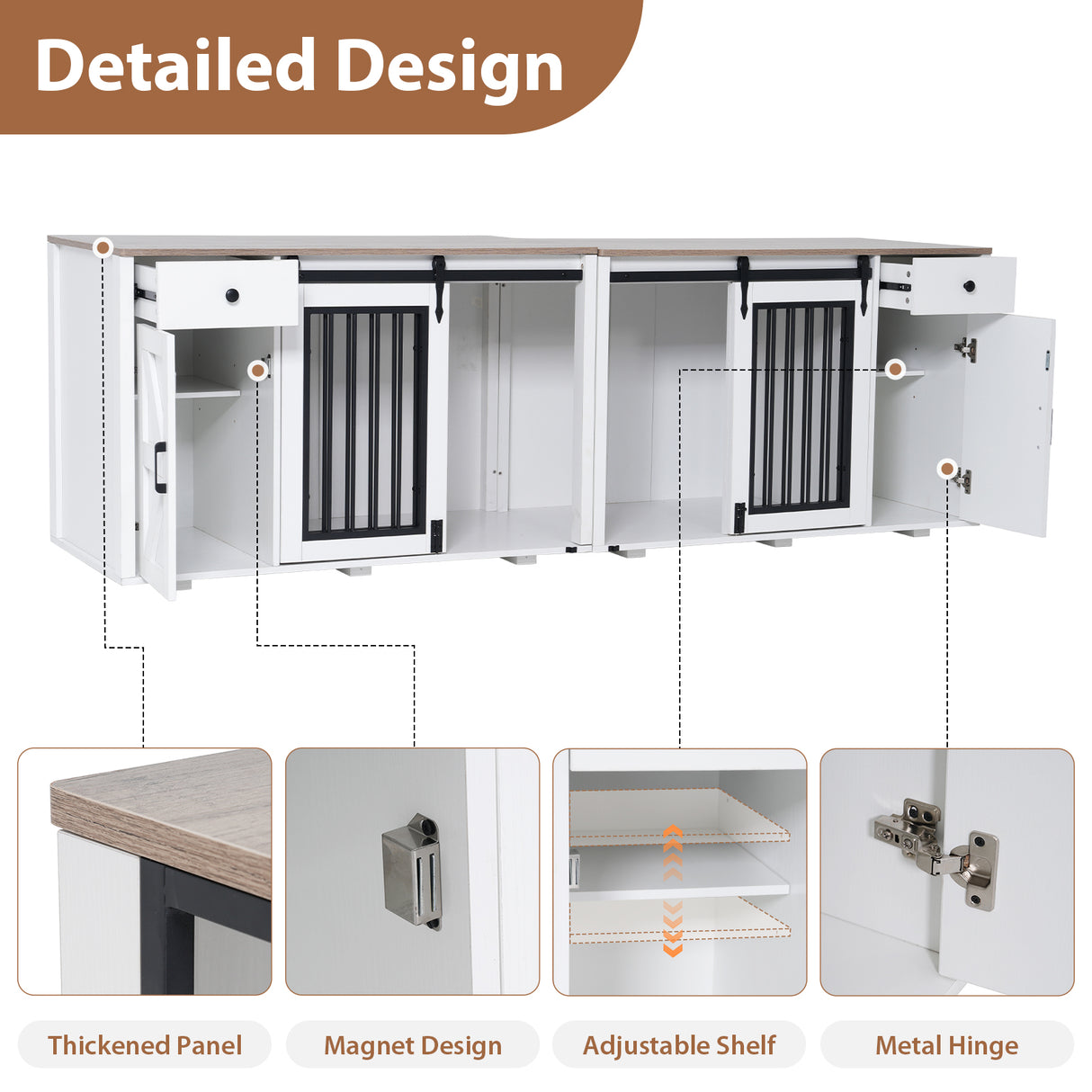 JOIVI 88" Dog Crate Furniture with Double Sliding Barn Doors & Drawers for 2 Dogs, Indoor Wooden Dog Kennel with Removable Divider