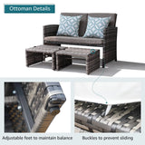 Outdoor Loveseat Patio Furniture Rattan Conversation Set, with Ottoman, Pillows Included, Grey Wicker