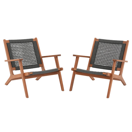 JOIVI Acacia Wood Patio Chair Set of 2, Modern Accent Chairs with Armrest, Reading Armchair with Rope Woven Backrest and Seat