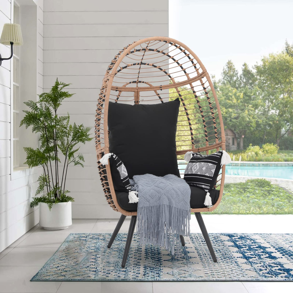 JOIVI Wicker Egg Chair, Outdoor Indoor Oversized Stationary Egg Chair with Stand and Cushions, Large Egg Basket Chair