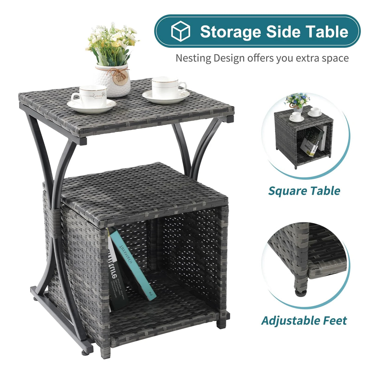 6 Piece Patio Furniture Conversation Set, with Ottoman, Outdoor Grey Wicker Chair and Coffee Table Set