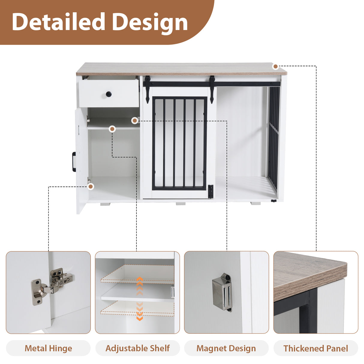 JOIVI 44" Dog Crate Furniture with Sliding Barn Door, Wooden Dog Kennel with Drawer and Storage Cabinet