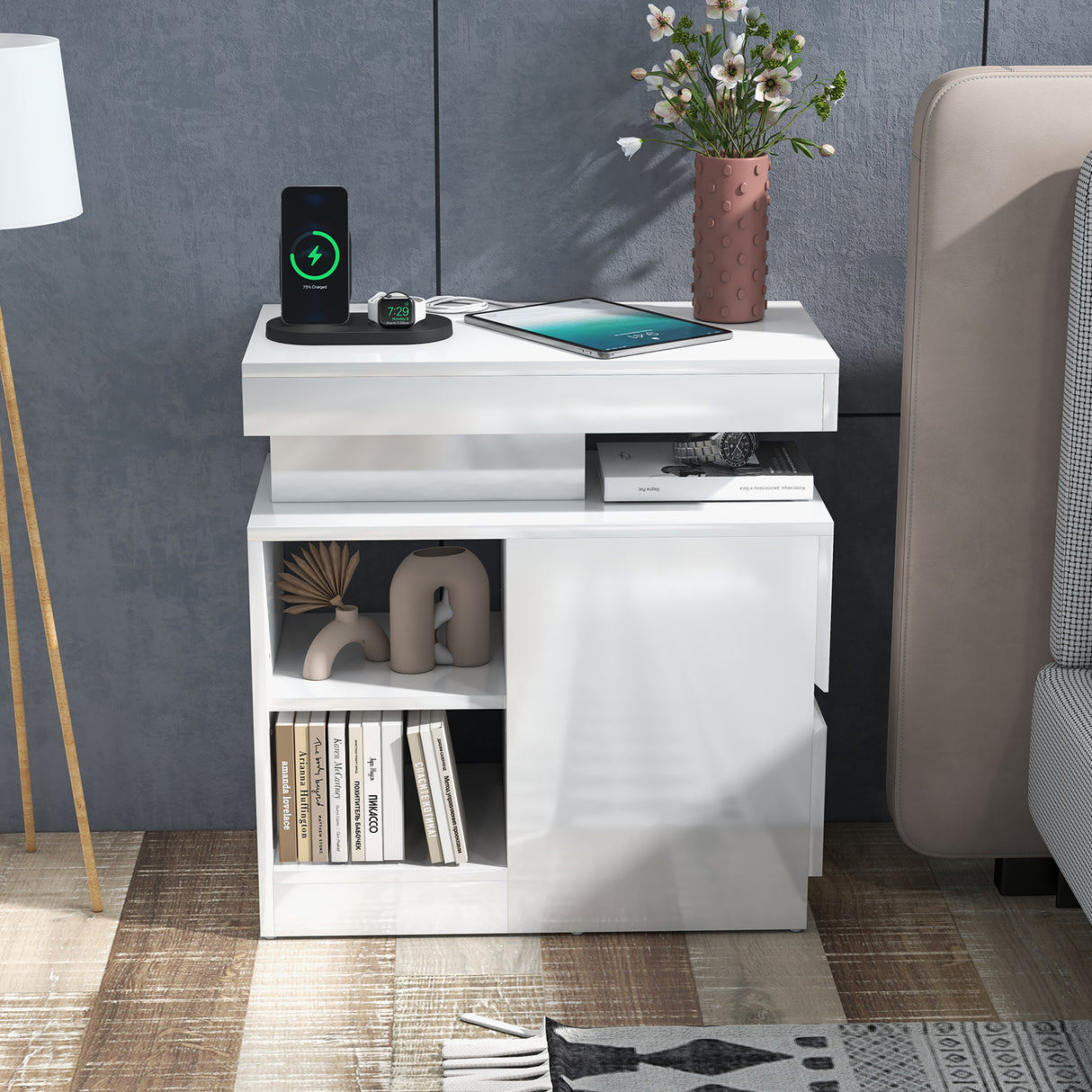 JOIVI LED Nightstand with Charging Station, 2-Drawers High Gloss Bedside Table, Modern End Side Table with LED Lights