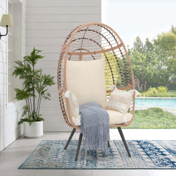 JOIVI Wicker Egg Chair, Outdoor Indoor Oversized Stationary Egg Chair with Stand and Cushions, Large Egg Basket Chair for Patio Porch, Backyard, Living Room, Balcony, Beige Rattan/White Cushion