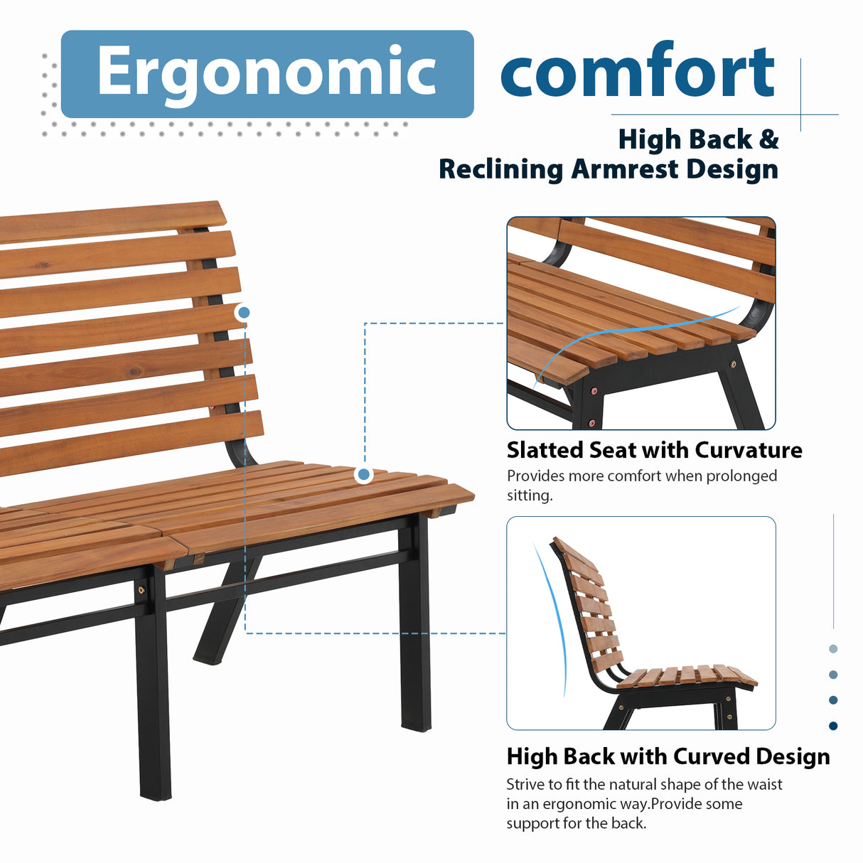 COBANA Patio Outdoor Garden Bench, Natural Acacia Wood Park Bench for 2 Person, Garden Seat with Slatted Backrest for Outside Backyard, Front Porch, Deck