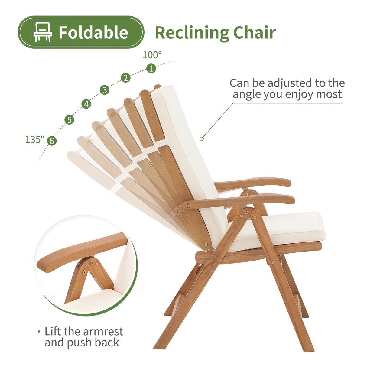 Folding Patio Dining Chair Set of 4, Outdoor Acacia Wooden Reclining Chair w/Armrest & Removeable Cushion, FSC Certified Wood No Assembly