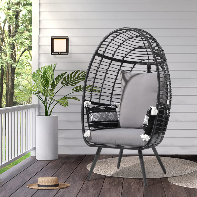 JOIVI Wicker Egg Chair, Outdoor Indoor Oversized Stationary Egg Chair with Stand and Cushions, Large Egg Basket Chair for Patio Porch, Backyard, Living Room, Balcony, Beige Rattan/White Cushion