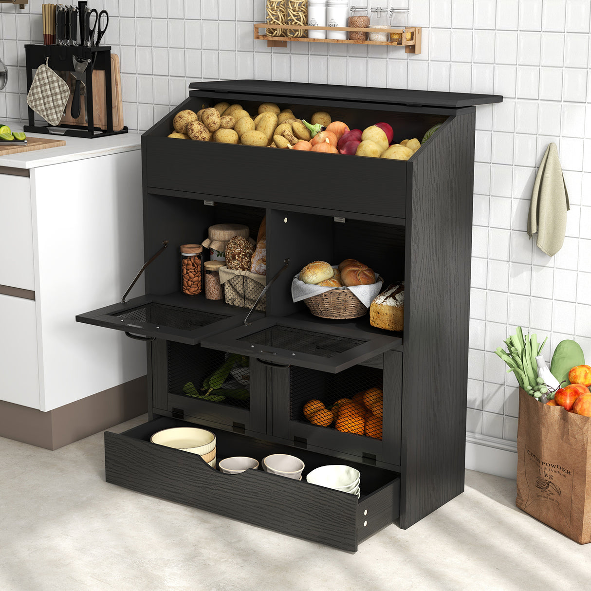 JOIVI Large Potato Storage Wood Bin, Wooden Bread Storage Bins with Removable Drawer & 4 Doors, 31'' Onion Organizer with Grocery Section, Vegetable Organization Cabinet for Kitchen