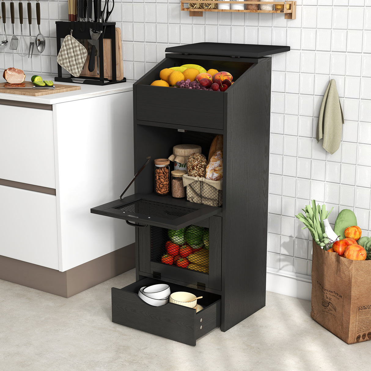 JOIVI Potato Storage Wood Bin, Wooden Bread Storage Bins with Removable Drawer & 2 Doors, 16'' Onion Organizer with Grocery Section, Vegetable Organization Cabinet for Kitchen