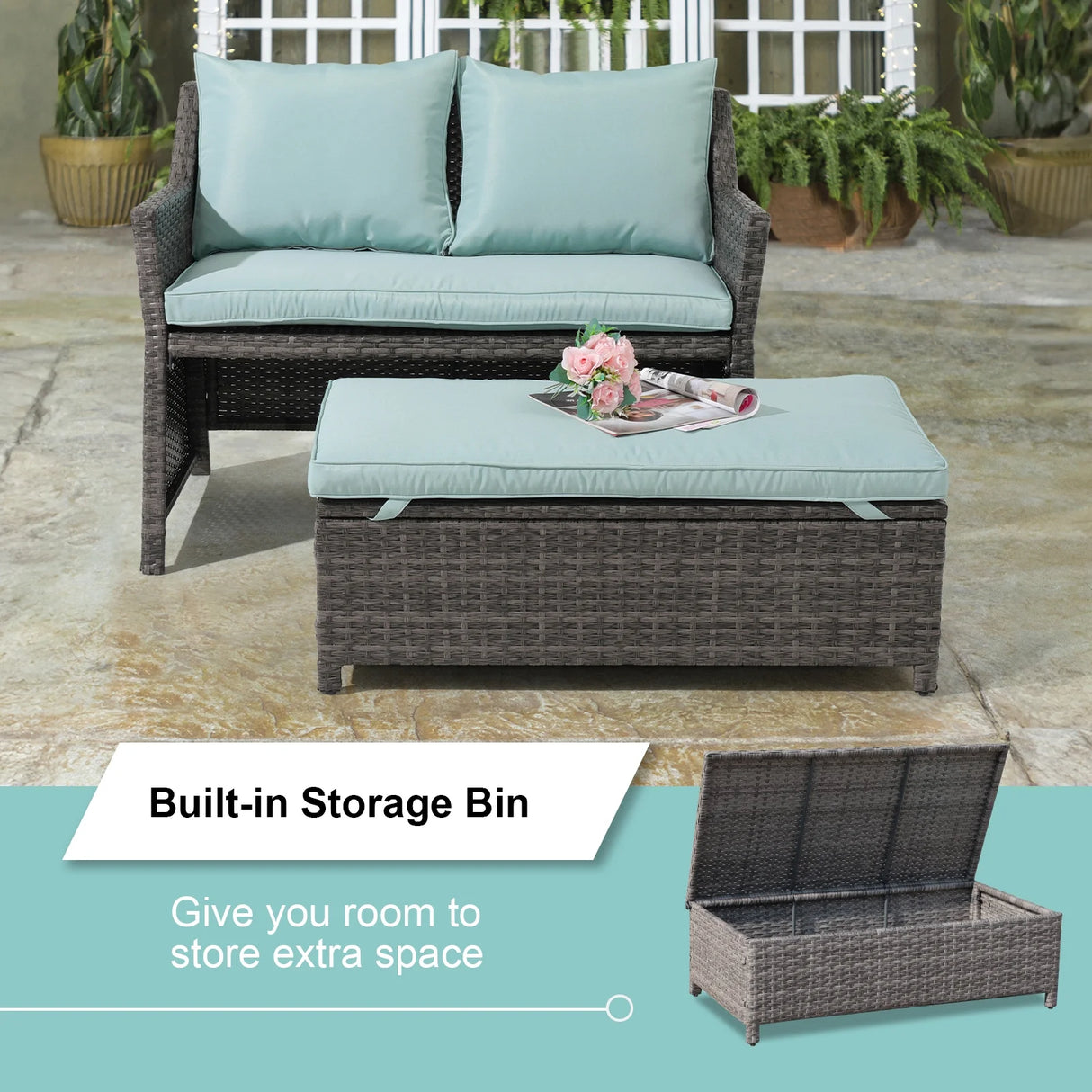 Outdoor Wicker Love Seat and Coffee Table Set, Weather Resistant Rattan, Patio Furniture with Cushions & Storage Bin