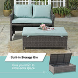 Outdoor Wicker Love Seat and Coffee Table Set, Weather Resistant Rattan, Patio Furniture with Cushions & Storage Bin