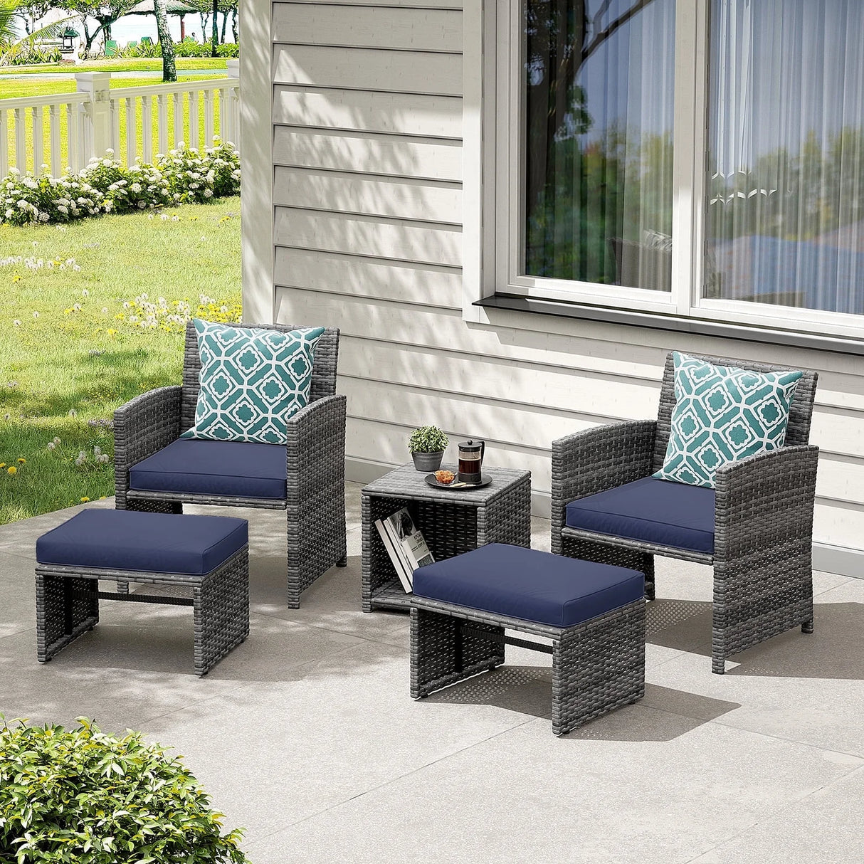 5 Piece Patio Furniture Set, Wicker Outdoor Patio Set with Ottoman and Small Coffee Table, Pillows Included