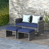 Outdoor Loveseat Patio Furniture Rattan Conversation Set, with Ottoman, Pillows Included, Grey Wicker