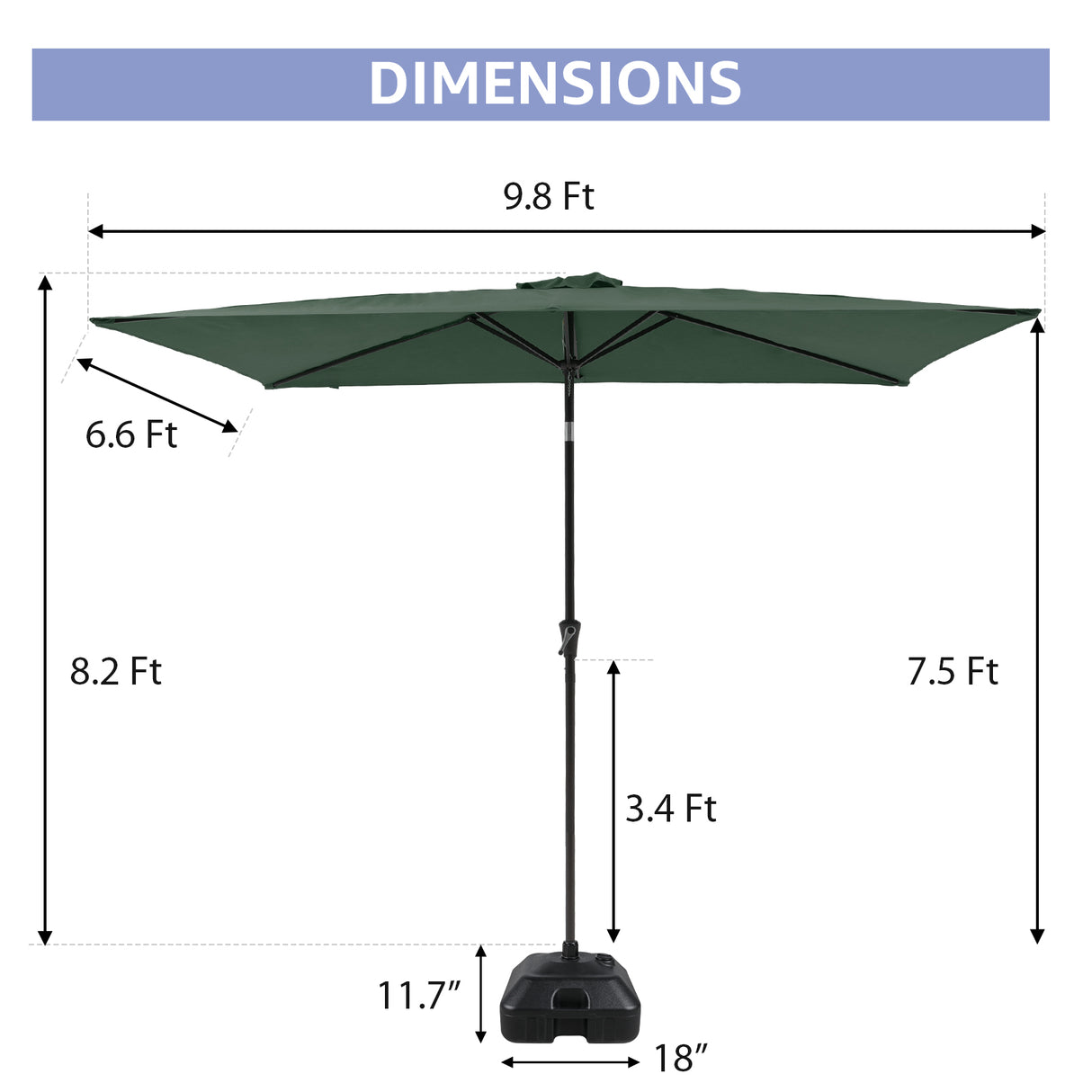 6.6 x 9.8ft Rectangular Patio Umbrella with Water or Sand Self-Filled Black Square Base Stand, Outdoor Table Market Umbrella with Push Button