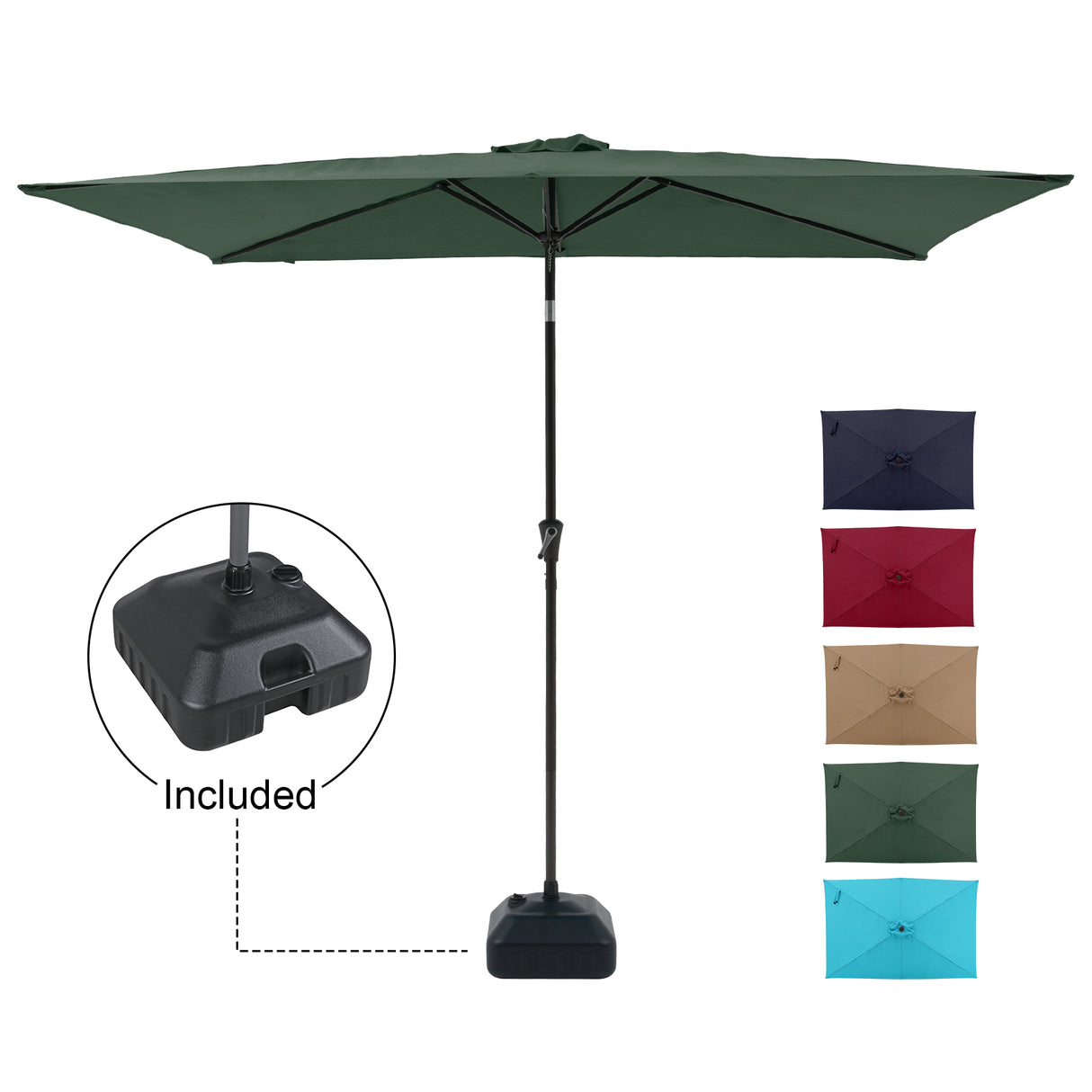 6.6 x 9.8ft Rectangular Patio Umbrella with Water or Sand Self-Filled Black Square Base Stand, Outdoor Table Market Umbrella with Push Button