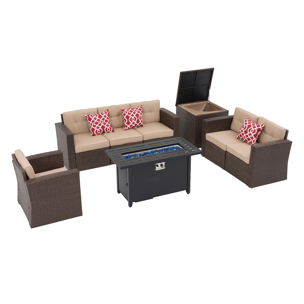 JOIVI 8 Piece Patio Furniture Conversation Set with 45” Fire Pit Table, Wicker Outdoor Sectional Sofa Set with Storage Box and 50,000 BTU Gas Fire Pit