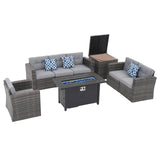 JOIVI 8 Piece Patio Furniture Conversation Set with 45” Fire Pit Table, Wicker Outdoor Sectional Sofa Set with Storage Box and 50,000 BTU Gas Fire Pit