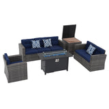 JOIVI 8 Piece Patio Furniture Conversation Set with 45” Fire Pit Table, Wicker Outdoor Sectional Sofa Set with Storage Box and 50,000 BTU Gas Fire Pit