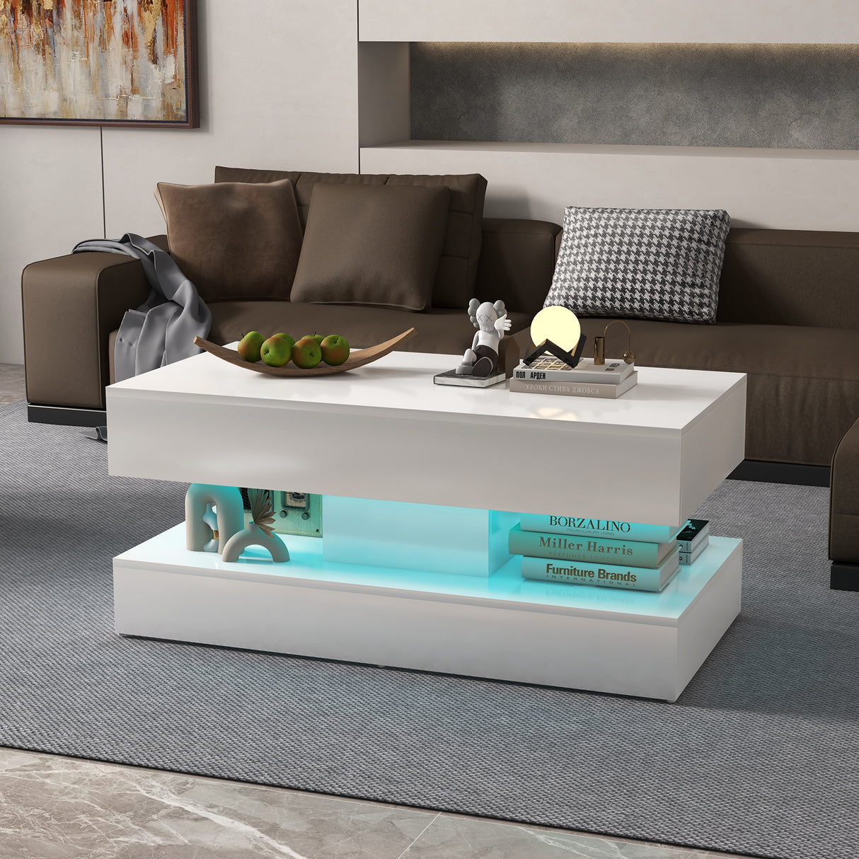 JOIVI LED Coffee Table with 2 Storage Drawers, Modern High Gloss Coffee Table, 2 Tiers Rectangle Center Table, 16-Color LED Lights
