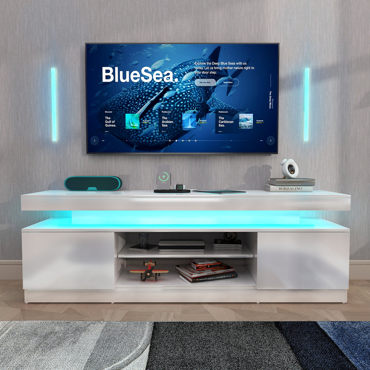 JOIVI LED TV Stand with Power Outlets, Modern High Gloss Entertainment Center for TVs Up to 75", TV Media Console with Storage