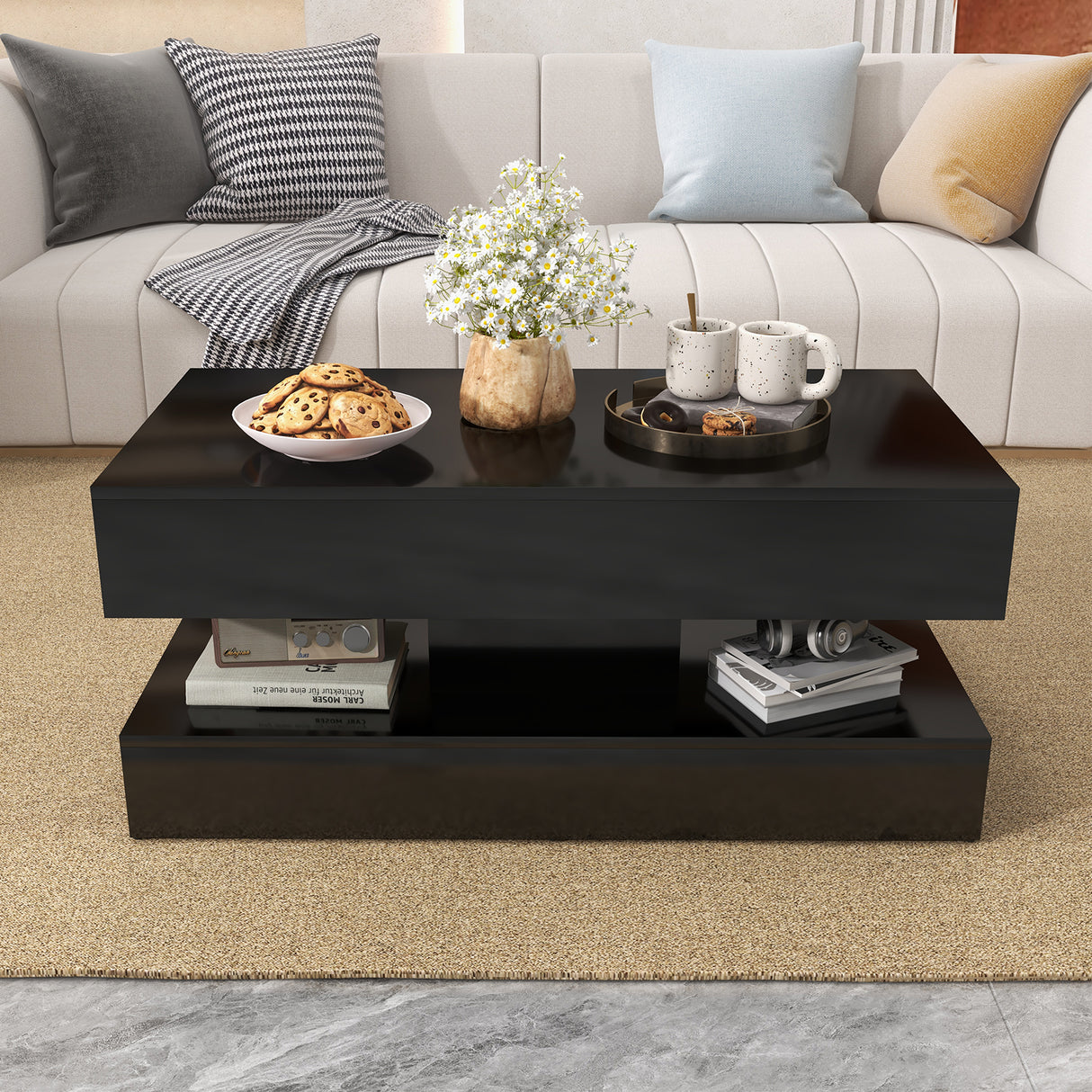 JOIVI LED Coffee Table with 2 Storage Drawers, Modern High Gloss Coffee Table, 2 Tiers Rectangle Center Table, 16-Color LED Lights
