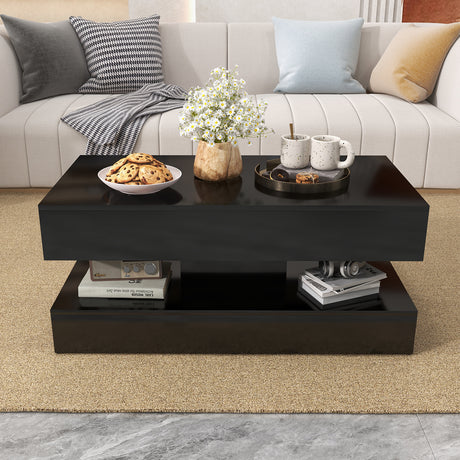 JOIVI LED Coffee Table with 2 Storage Drawers, Modern High Gloss Coffee Table, 2 Tiers Rectangle Center Table, 16-Color LED Lights