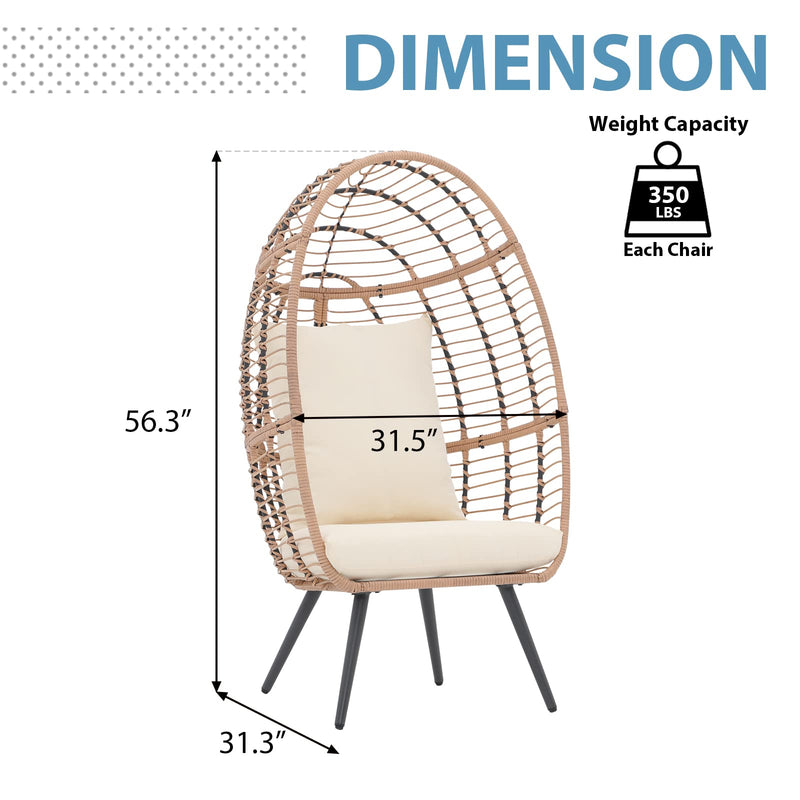 JOIVI Wicker Egg Chair, Outdoor Indoor Oversized Stationary Egg Chair with Stand and Cushions, Large Egg Basket Chair for Patio Porch, Backyard, Living Room, Balcony, Beige Rattan/White Cushion