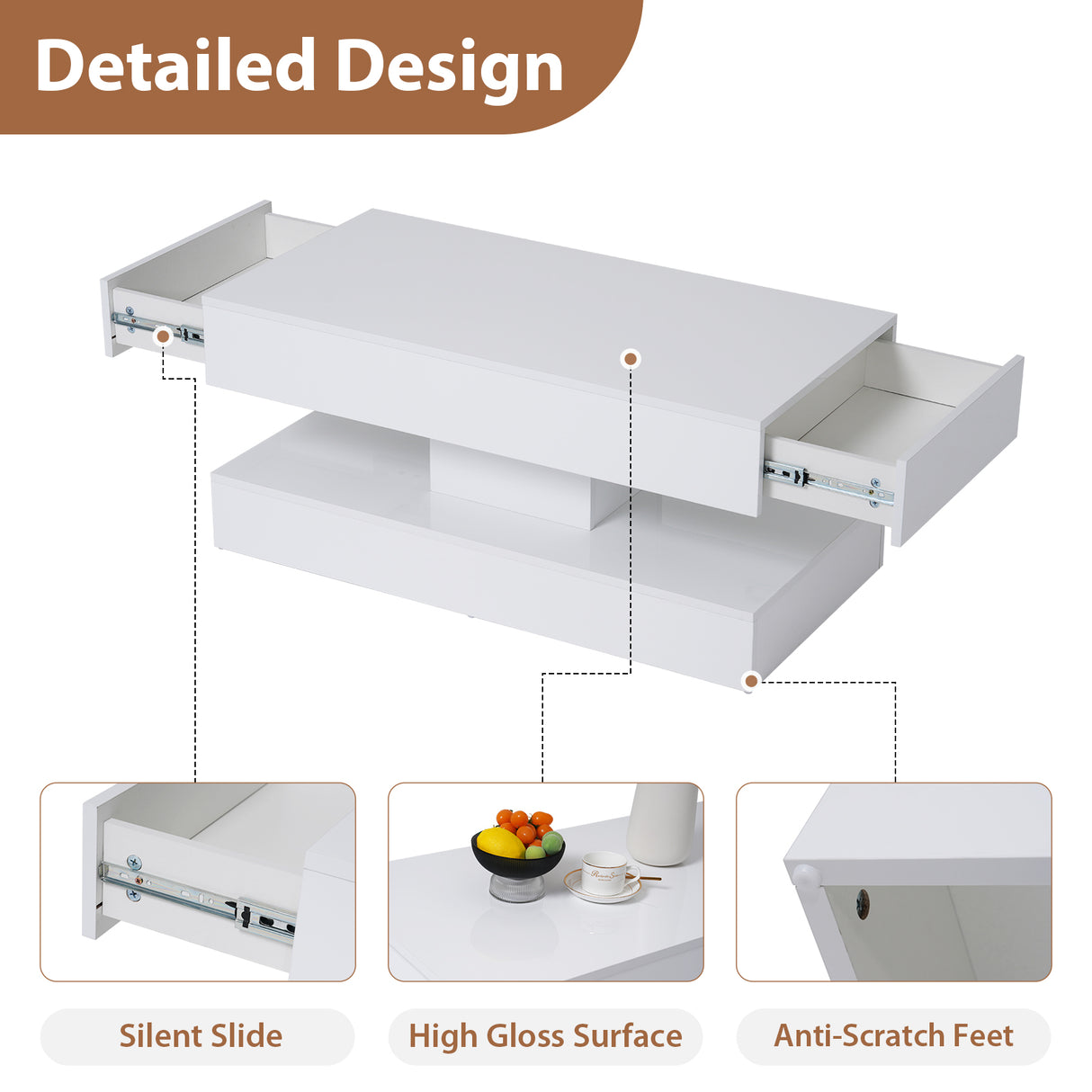 JOIVI LED Coffee Table with 2 Storage Drawers, Modern High Gloss Coffee Table, 2 Tiers Rectangle Center Table, 16-Color LED Lights