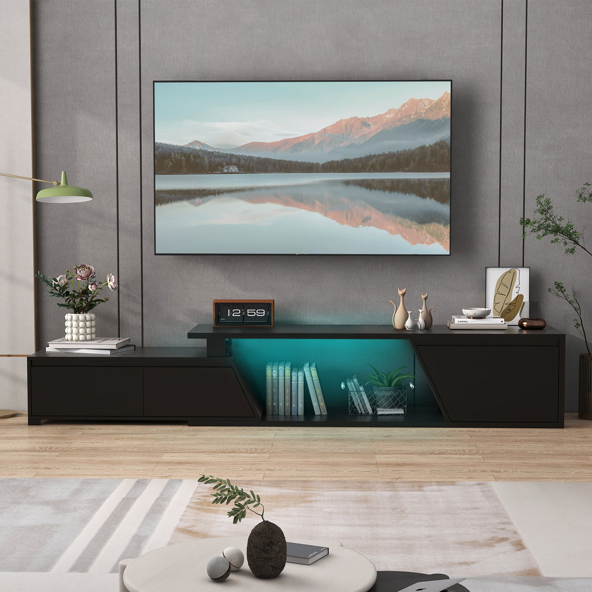 JOIVI Extendable LED TV Stand, Modern Entertainment Center with 2 Drawers, Sliding Tabletop Media Console with Storage Cabinet for Living Room