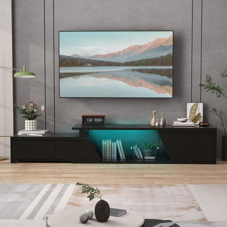 JOIVI Extendable LED TV Stand, Modern Entertainment Center with 2 Drawers, Sliding Tabletop Media Console with Storage Cabinet for Living Room