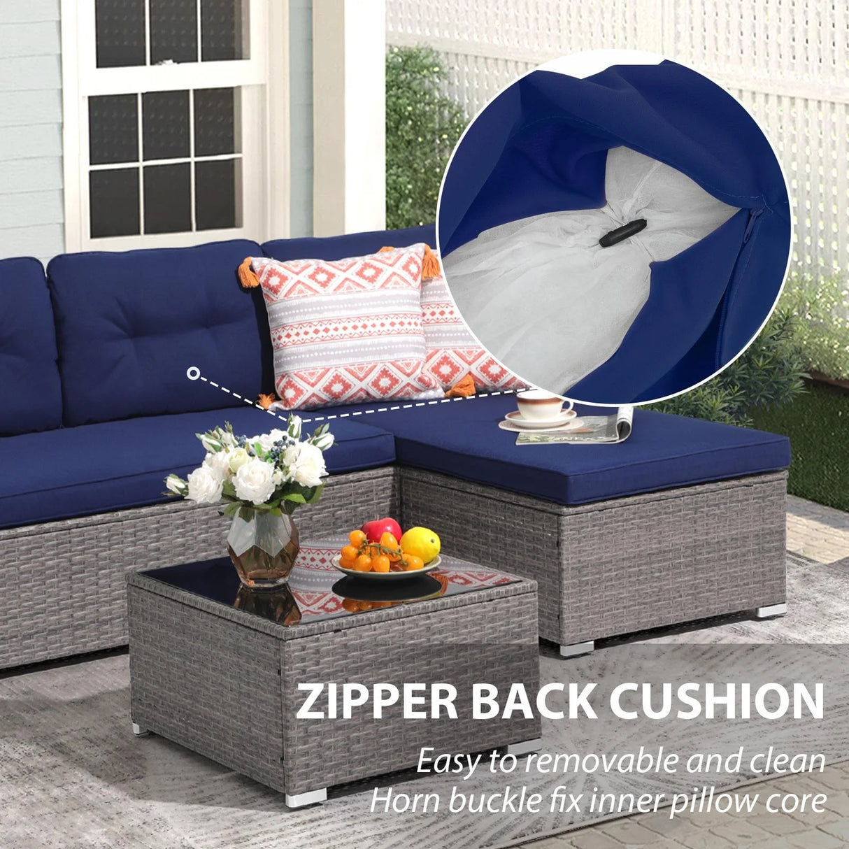 3 Pieces Patio Conversation Set, PE Wicker Rattan Outdoor Furniture Set, 2 Ways Small Sectional Sofa with Cushions, Tempered Glass Coffee Table