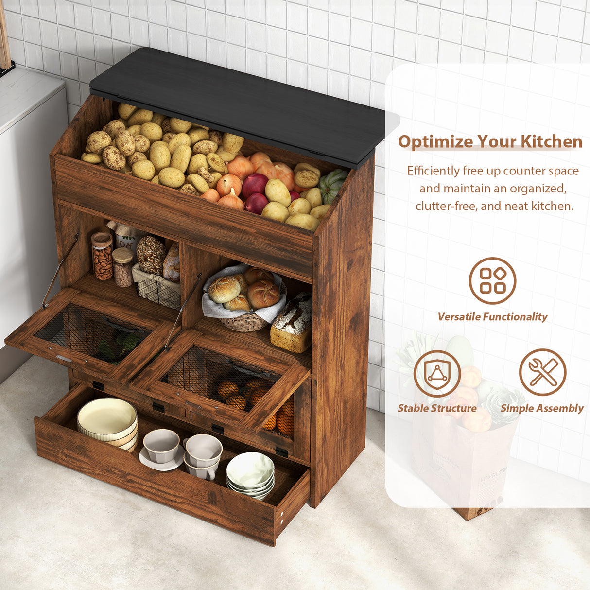 JOIVI Large Potato Storage Wood Bin, Wooden Bread Storage Bins with Removable Drawer & 4 Doors, 31'' Onion Organizer with Grocery Section, Vegetable Organization Cabinet for Kitchen